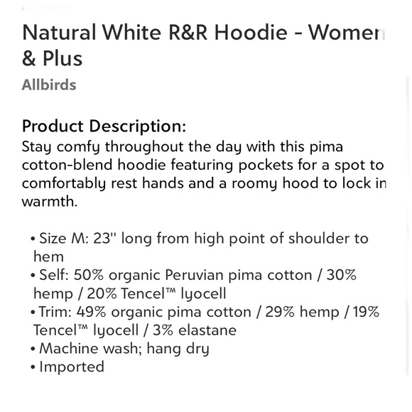 Allbirds Natural White R&R Hoodie Women’s Size Large New With Tags - Picture 4 of 4